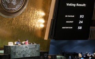 A completed resolution vote tally to affirm the suspension of the Russian Federation from the United Nations Human Rights Council is displayed during a meeting of the United Nations General Assembly, Thursday, April 7, 2022, at United Nations headquarters. UN General Assembly approved a resolution suspending Russia from the world body's leading human rights organization